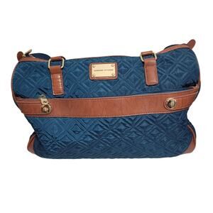 Adrienne Vittadini Quilted Blue Green Trim In Brown Faux Leather Travel Bag 3162